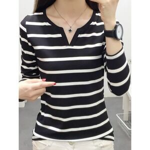 Keira T-Shirt Womens XL Black Striped Notched Neck Long Sleeve Bodycon